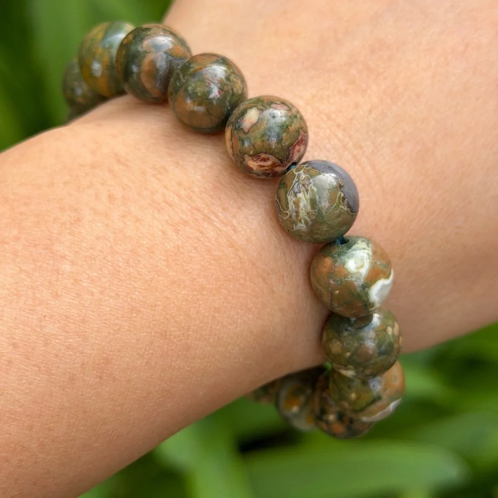 12mm stretchable green‎ forest jasper bracelet 0736